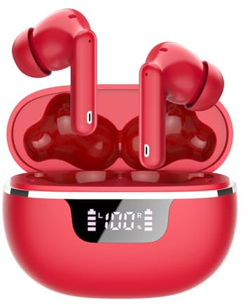 Donerton Wireless Earbuds, Bluetooth 5.4 Headphones with 4 ENC Noise Cancelling Microphone, Ear buds with HiFi Stereo Deep Bass, Bluetooth Earphones 40H Playtime LED Display, IP7 Waterproof, Red
