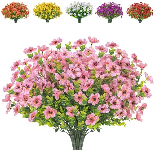AIOR 10 Bündel Künstliche Blumen Outdoor Deko Künstliche Pflanzen, Faux Künstliche Seidenblumen UV-beständige Kunstblumen für Haus Garten, Balkon, Fensterbank (Rosa)