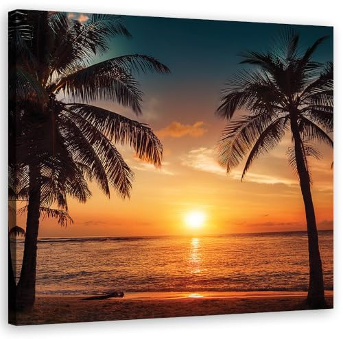 Feeby Bild auf Leinwand - Wandbilder Wohnzimmer Aesthetic - Sonnenuntergang Strand Palmen - 80x80 1tlg - Schlafzimmer Wandekoration - Bilder Zimmer - Living Room - Deko Wandbilder - Moderne Bild