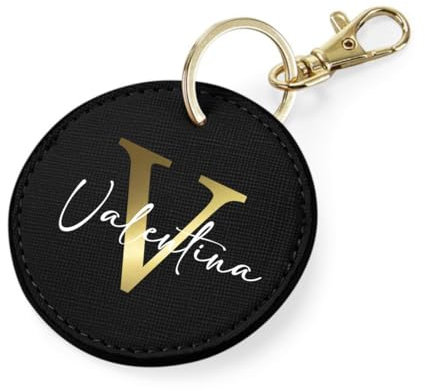 AWASG Schlüsselanhänger rund Buchstabe - Personalisiert mit Name - Taschenanhänger Accessoire mit Ring und Karabiner (schwarz)