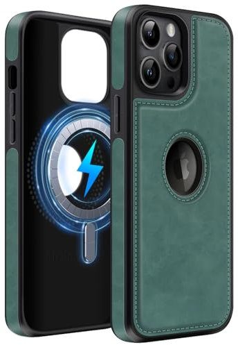 MOBESV Cover in Pelle con Vista del Logo per iPhone 14 PRO Max 6,7 Pollici, Custodia Magnetica Compatibile con MagSafe, Cover Sottile Classica ed Elegante, Verde