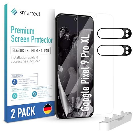 smartect TPU Protector de Pantalla [2 + 2 Piezas] para Google Pixel 9 Pro XL, Pantalla + Cámara, Cubre toda la Pantalla, Película Protectora sin Burbujas, Anti-huella
