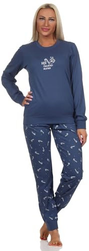 Normann Damen Langarm Weihnachts Schlafanzug Pyjama mit Bündchen, Farbe:Navy, Größe:36-38