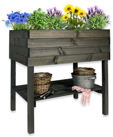 gartenetage Hochbeet XL mit Ablage und Pflanzfolie - Wetterfest, Ergonomisch, Inklusive Schutzlasur, Robustes Kiefernholz, Anthrazit