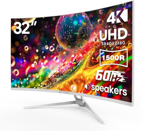 CRUA Monitor curvado blanco de 32 pulgadas, 4K UHD (3840 x 2160P) 1500R VA, monitor de computadora de 75 Hz compatible con AMD Freesync, 120% sRGB, altavoces integrados, filtro de luz azul