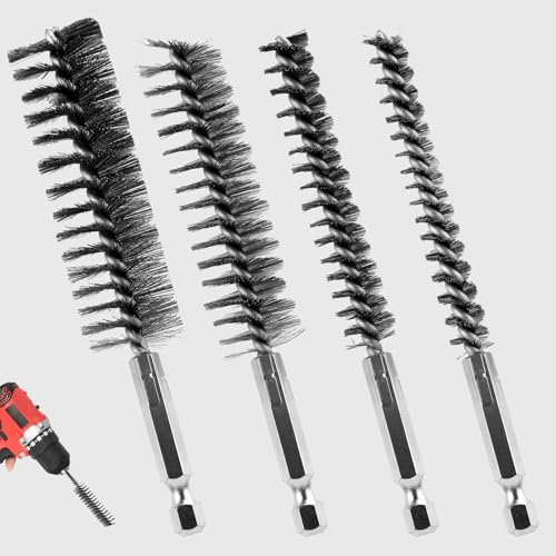 4pcs Stainless Steel Wire Brush, 3/8'' 1/2'' 3/4'' 7/8''Stainless Steel Twisted Bore Brush with Hex Shank Handle Long Handle Cleaning Hole Wire Set for Drill Ports