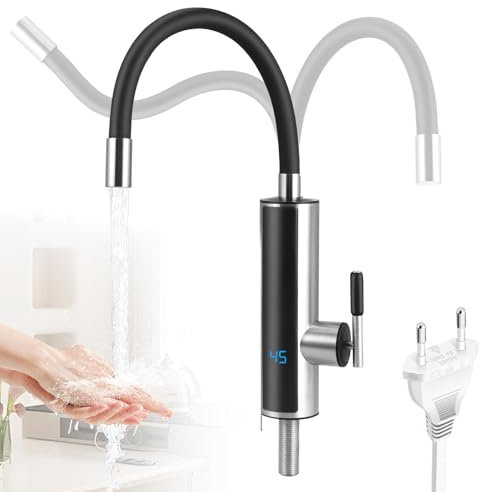 Rubinetto Elettrico con Scaldabagno, 220V 3000W Riscaldamento Istantaneo in 3s con Display LCD, Acciaio Inossidabile, Girevole 360°, per Cucina, Bagno, Camper