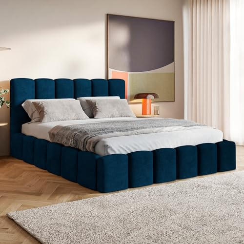 MOTIVENA Nunu Bubble Bett 200x200 Blau Samt, mit Stauraum, mit Kopfteil, mit Lattenrost, ohne Füße, mit Matratze H2/H3, Bubble Polsterbett 200x200 mit Bettkasten Blau (Dunkelblau)