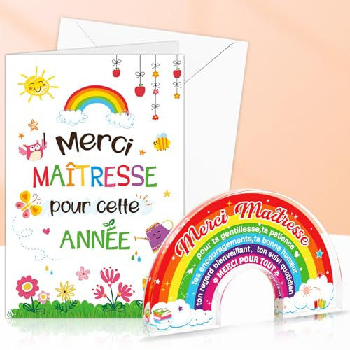 DPKOW Original Cadeau Maitresse École Fin Année, Plaque Acrylique Cadeau Merci Maîtresse Carte pour Fin Année Scolaire Cadeau Remerciement Institutrice Maternelle, Merci pour Tout, Arc-en-Ciel
