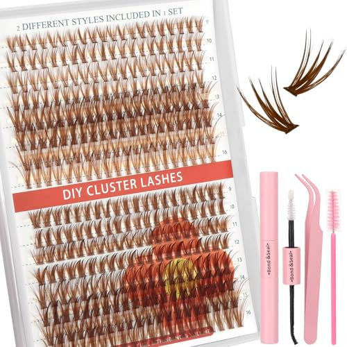 MOTIBACK Kit Extension Cils Professionnel 380 pièces - Faux Cils Individuels - Cluster Lashes D Curl 20D + 40D - Comprend pince à cils ergonomique, décolleur, brosse nettoyante, colle (marron)
