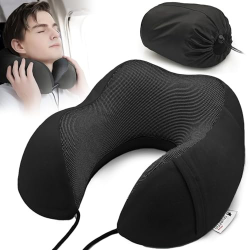 SEVERNO Bon Voyage Reisekissen mit Memory Foam – Ergonomisches Nackenkissen mit Tasche & Klettverschluss, Veloursbezug, für Flugzeug Auto Bahn Bus, für Erwachsene & Kinder