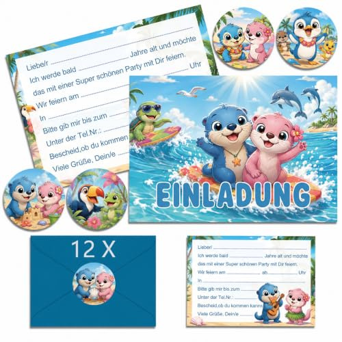 YOGARTH 12x Einladungskarten Kindergeburtstag mit Umschlag Deutsch, Cartoon Einladungskarten Geburtstag Set, Geburtstagseinladungen Kinder für Themed Party (A6) (B)