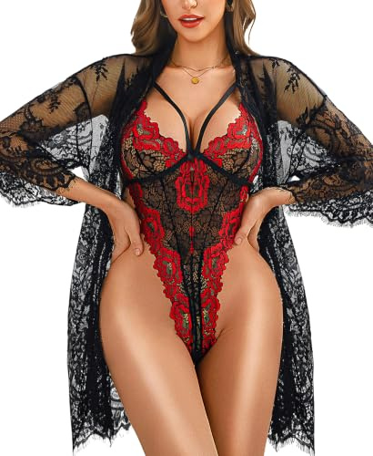 RSLOVE Nuisette Femme Sexy Lingerie - Vêtements de Nuit en Dentelle Ensemble Body Floral et Peignoir