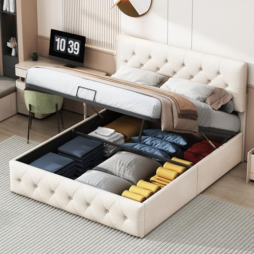 BRILVERDE Polsterbett 160x200,Doppelbett mit Stauraum und Lattenrost,Hydraulisches Stauraumbett,Verstellbares Kopfteil,Samt,Beige (160x200 cm)
