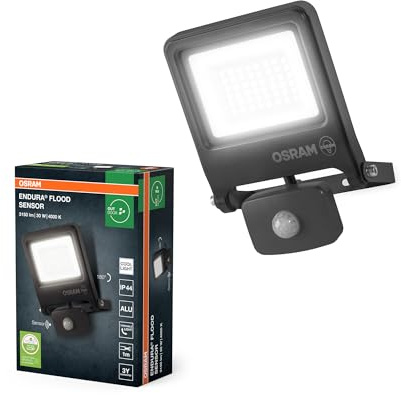 Osram ENDURA FLOOD PC 30W LED-Fluter mit Sensor, 4000K, 3000 Lumen, IP44 Flutlicht Bewegungserkennung 9m, Tageslichtsensor, Grau