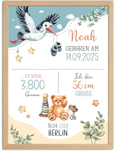 SpecialMe® Baby Poster mit Geburtsdaten personalisierbar Storch Teddy Kunstdruck Geschenk Geburt