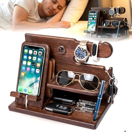 Tatqilo Bedside Table Organiser, Bedside Desk Organizer Wood Phone Docking Station Gifts for Men, Nightstand Key Wallet Watch Stand Mens Anniversary & Birthday Gift for Husband, Boyfriend, Dad(Brown)