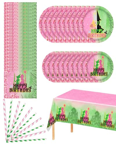 Pink and Green Witch Party Tableware - Paper Plates, Napkins, Straws and Waterproof Tablecloth, Witch and Princess Birthday Party Decorations Supplies