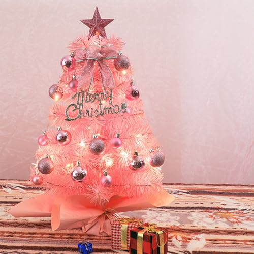 Mini Christmas Tree with Lights Pink Tabletop Christmas Tree withTree Topper Star, Bow Ornaments and LED String Light for Desk Table Xmas Decorations