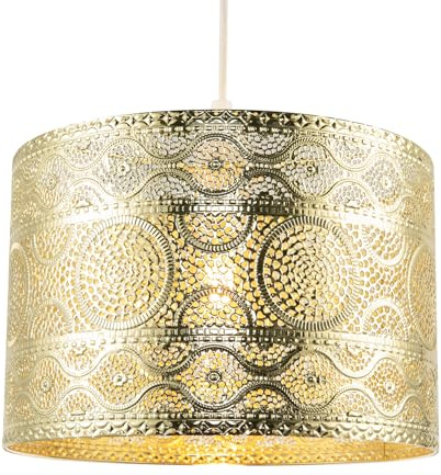 Classic Ornate Moroccan Designed Pendant Light Shade with Wavy Lines and Decorative Circles | 20cm x 30cm | Polished Gold Colour by Happy Homewares