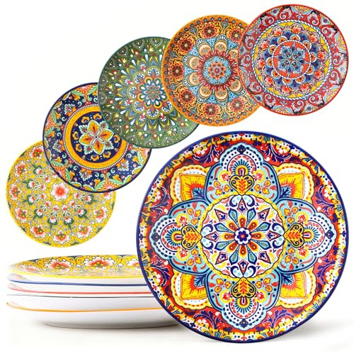 NTKOW 6-piece Bohemian ceramic plates, 8-inch pasta plates, spacious, suitable for microwave, oven, and dishwasher, perfect for holiday parties and family gatherings