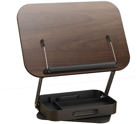 Naroote Support de Livre de Bureau pour la Lecture avec Bases Rotatives à 360°, Panneaux en Bois, Clips de Page Pliables pour Support D'ordinateur Portable Manuel Magazine Document (Couleur sombre)
