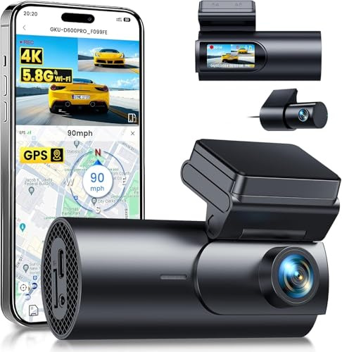 GKU 4K Dash Cam Front and Rear, 5GHz WiFi GPS, Dual Car Camera, 1.5” IPS | Mini Dashcam for Cars, 24H Parking Mode, Night Vision,WDR,170° Wide Angle,G-Sensor,App Control,SD Card Not Included