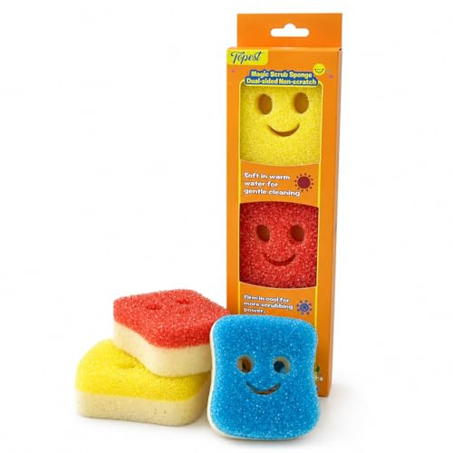 Topest Magic Scrub Sponge (3 Pack) Face Shape | for Dish Washing Up, Pots, Pans, Countertops, Kitchen & Bathroom Cleaning Sponges | Dual Sided Non Scratch Scourers | Dual-Texture Scrubber