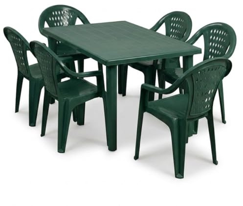 Tomaino - Table et chaises de jardin en plastique - Set Marshall 4 ou 6 places - Table rectangulaire - Chaises empilables avec accoudoirs pour extérieur en polypropylène - Terrasse, balcon, bar (6