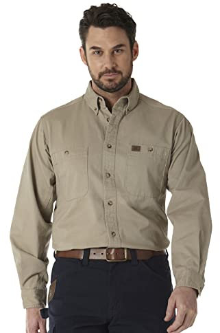 Wrangler Riggs Workwear Men's Logger Twill Long Sleeve Work Shirt, Khaki, Large Tall