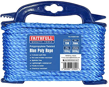Faithfull FAIRB8015H Blue Twisted Poly Rope Hasp 8mm Dia x 15M Max Load: 100kg, Breaking Strain 800kg