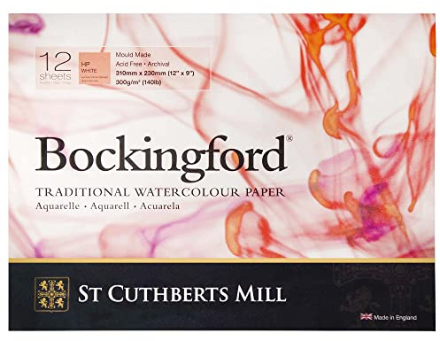 St. Cuthberts Mill Bockingford Watercolor Paper Pad - 12x9-inch White Water Color Paper for Artists - 12 Sheets of 140lb Hot Press Watercolor Paper for Gouache Ink Acrylic Charcoal and More
