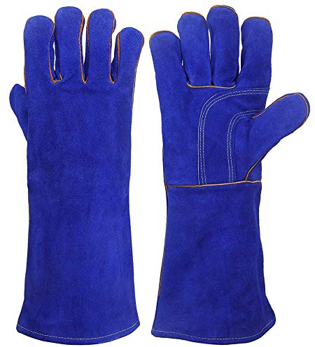 Kim Yuan Schweißhandschuhe, aus Leder, hitzebeständig, feuerfest, perfekt für Gartenarbeit, Ofen, Grill, Mig, Kamin, Topflappen, Zickschweißer, Tierhandhabung, Blue palm-Denim jean cuffs, 14 INCH