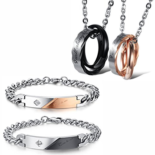 Kim Johanson Edelstahl Pärchen Schmuckset Great Love Armbänder & Ketten für verliebte in Roségold & Schwarz mit Zirkonia Steinchen besetzt inkl. Schmuckbeutel