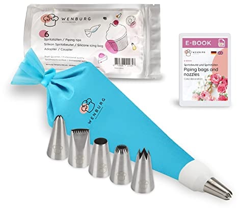 Wenburg Basic Piping Nozzles Set - 6 Large Icing Tips - 35cm Silicone Piping Bag - Adapter, Professional Stainless Steel Attachments for Cakes, Pies, Cookies Decoration (Basic)