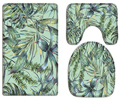 A.Monamour Badezimmer Badematte 3 Teilig Set Exotische Sommersaison Grüne Muster Tropische Blätter Hintergründe Aquarellmalerei Kunst Flanell Saugfähig Badteppiche Badvorleger Badgarnitur WC Vorleger