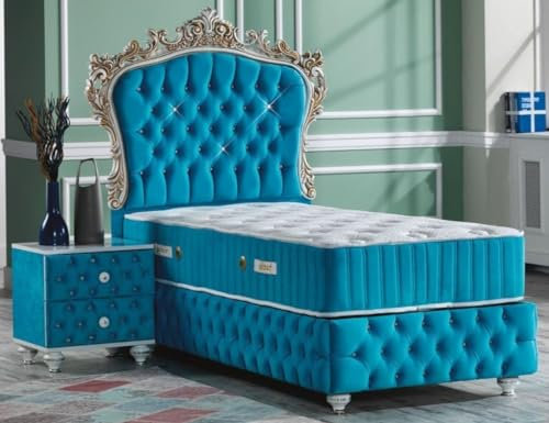 Casa Padrino Barock Schlafzimmer Set Türkis/Weiß/Silber/Antik Gold - Prunkvolles Einzelbett mit Nachttisch - Schlafzimmer Möbel im Barockstil
