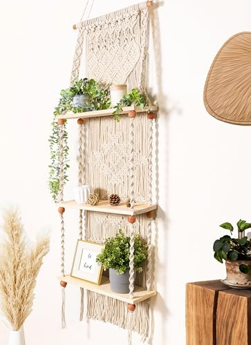 Induslyfe Tier 3 Macrame Wall Hanging Shelf Rack for Hanging Wall Decor Boho Shelf Wall Decor Plant Shelf, Boho White Hanging Shelf Woven Rope for Bedroom, Bookshelf