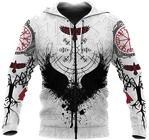 WDBAYXH Viking Odins Raben Fliegen Kompass Vegvisir Tattoo Runes Fashion Realistischer 3D-Druck Zip Hoodie Pullover, Vintage Punk Große Taschen Langarm Celtic Pagan Leichtes Sweatshirt,Zip,6XL
