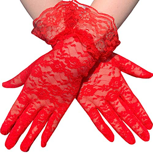 AWOCAN Damen Spitze Elegant Kurze Sommer Handschuhe für Hochzeit Party und Teeparty, rot, One size