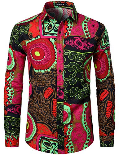 LucMatton Chemise élégante en lin pour homme - Motif traditionnel imprimé - Manches longues - Boutonnière, Rouge chiné, L