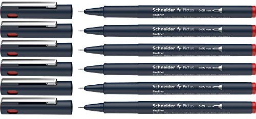 Schneider Pictus Fineliner (Strichstärke 0,05 mm, dokumentenechte Pigmentliner, metallgefasste Spitze, Gehäuse aus 85% recyceltem Kunststoff) 6er Pack, rot
