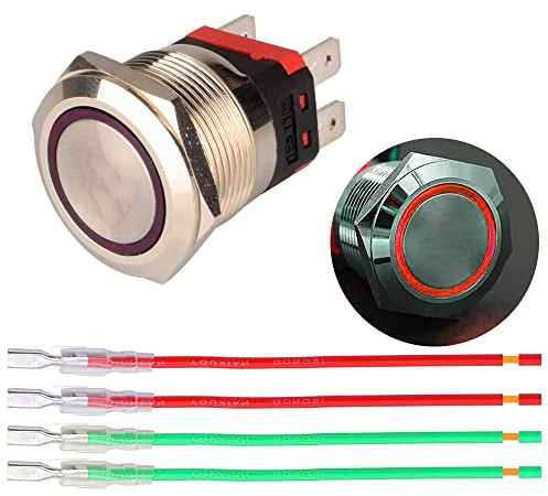 Guuzi Pulsador Momentáneo de 22mm, Pulsador LED Rojo de 12V-24 V 15A, Panel de Botones Impermeable de Metal con Cable para Automóviles, Yates, Electrodomésticos