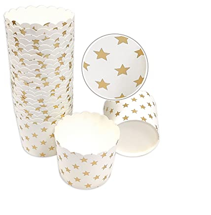 Frau WUNDERVoll® 25 Muffin Backformen weiß, goldene Sterne, Durchmesser 6,1 cm/Muffinbackform, Muffinform, Backformen, Backförmchen, Cupcake Formen, Muffin Förmchen Papier
