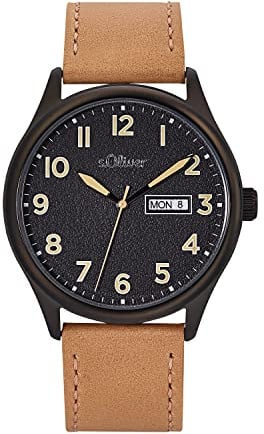 s.Oliver Armbanduhr Herren Quarzuhr Analog, mit Leder Armband, Schwarz, 5 bar Wasserdicht, Kommt in Uhren Geschenk Box,