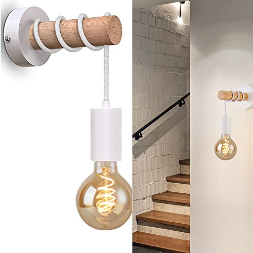 Applique Murale en Bois Vintage, Applique Rétro Industrielle, Lampe Murale Suspendue à Base Ronde en Métal, Éclairage Mural blanc Intérieur E27 pour Chambre, Salon, Couloir (Sans Ampoules)