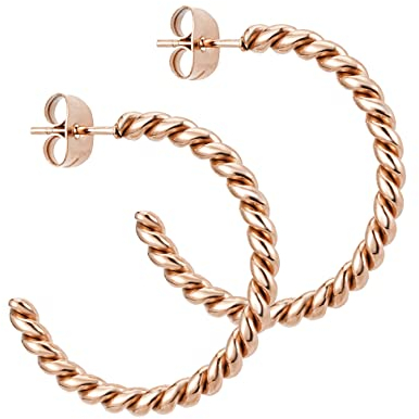 BONNYBIRD® Creolen Rosegold Damen Edelstahl Gedreht Ohrringe Medizinische Ohrstecker Chirgurenstahl Kreolen Wasserfest Schmuck Hypoallergen Nickelfrei Frauen Hoops Geschwungen Vergoldet