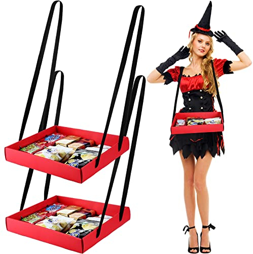 Junkin 2 Pcs Wearable Party Tray Snack and Beverage Carrier Foldable Drink Carriers Drink Holder Movie Snack Trays with Strap Halloween Costume Accessory Prop with 4 Ribbons, 2 x 11 x 13 Inches (Red)