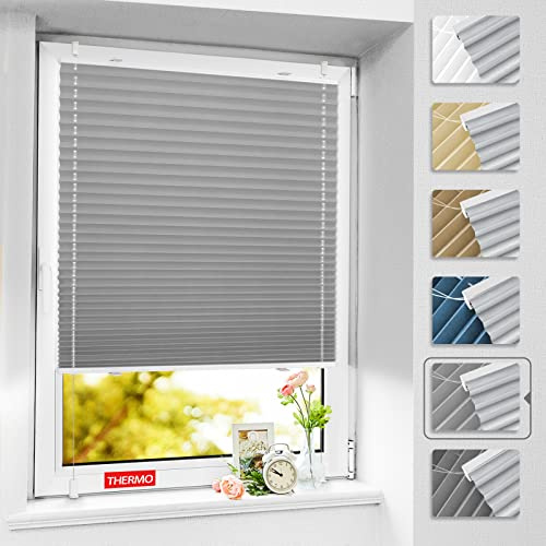 BelleMax Plissee ohne Bohren Verdunkelung Klemmfix, Thermo Plissee Hellgrau 80x120 cm(BxH), Verdunklungsplissee 100% Verdunkelnd & lichtundurchlässig, Sichtschutz und Sonnenschutz für Fenster & Tür