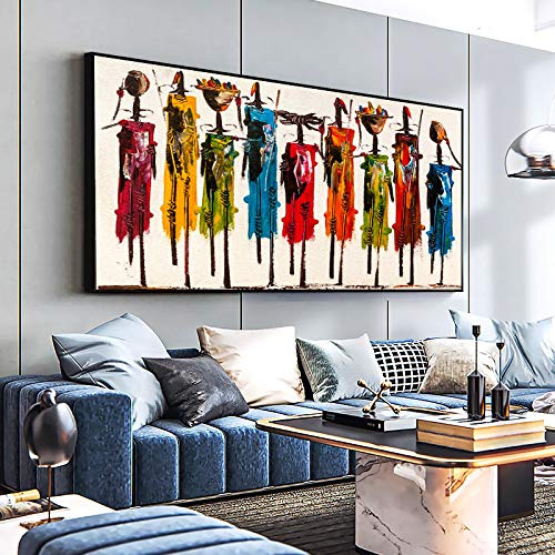 Abstraktes Wandbild auf Leinwand: Moderne Kunst Bunte Afrika Frau Bilder Leinwand Gemälde Wandkunst für Wohnzimmer Dekor 95x180cm(37x63in) mit Rahmen